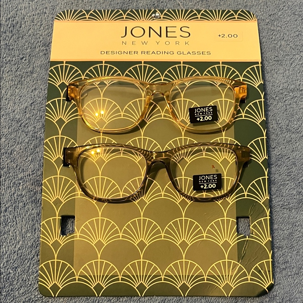 Jones New York Designer Reading Glasses. Light pink and smoke gray frames.